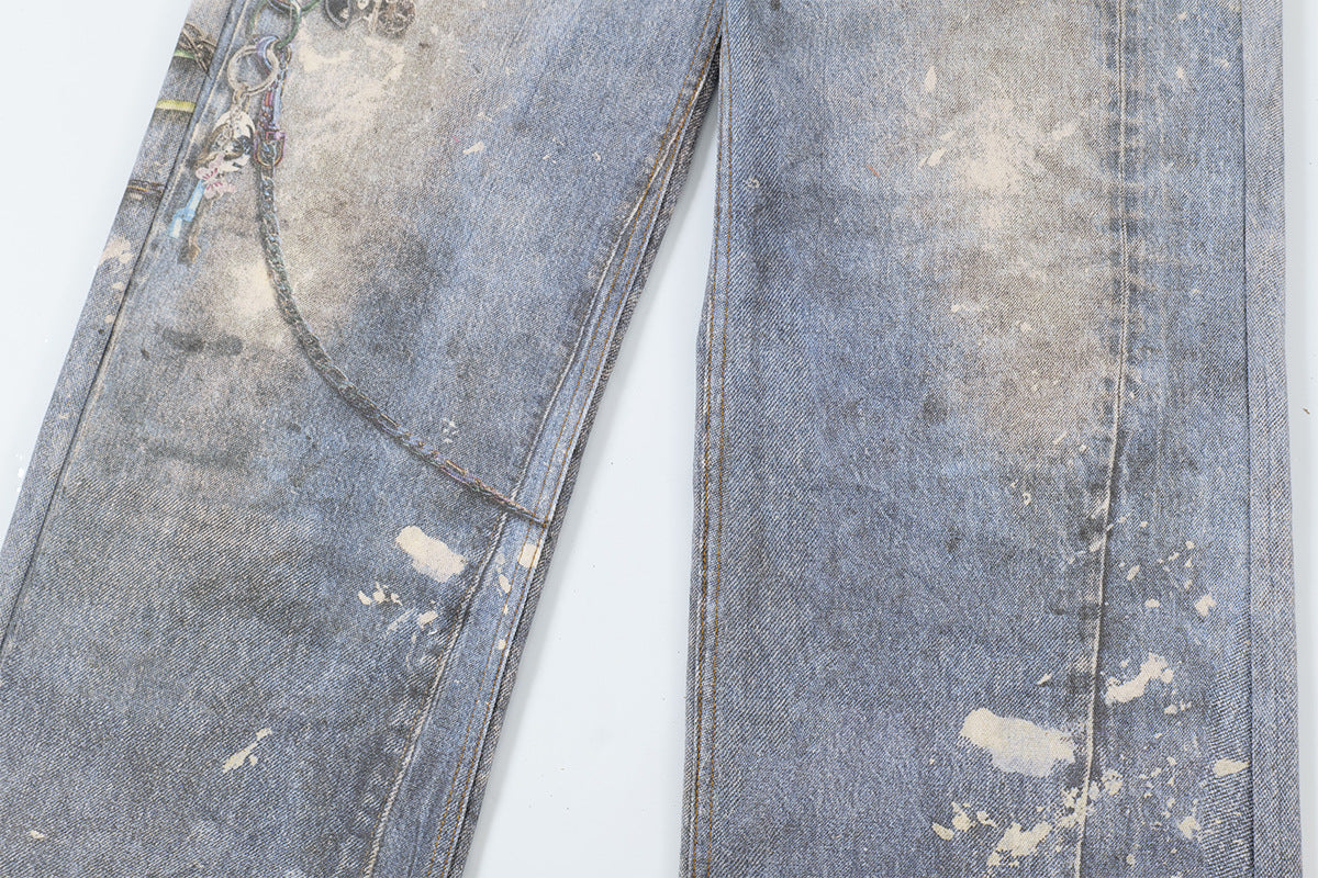 Washed Print Straight Denim Jeans WN12660