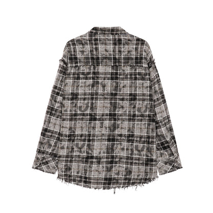 Plaid Washed Fringe Long Sleeve Shirt WN25379
