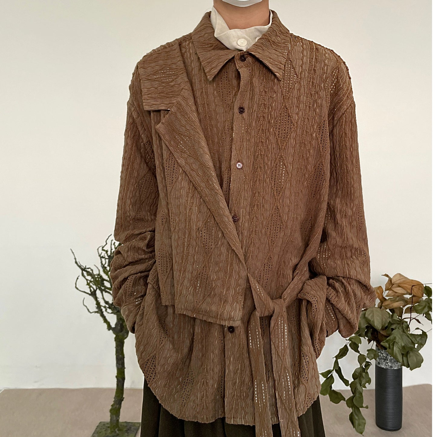 Jacquard Hollow-Out Patchwork Long Sleeve Shirt WN19960