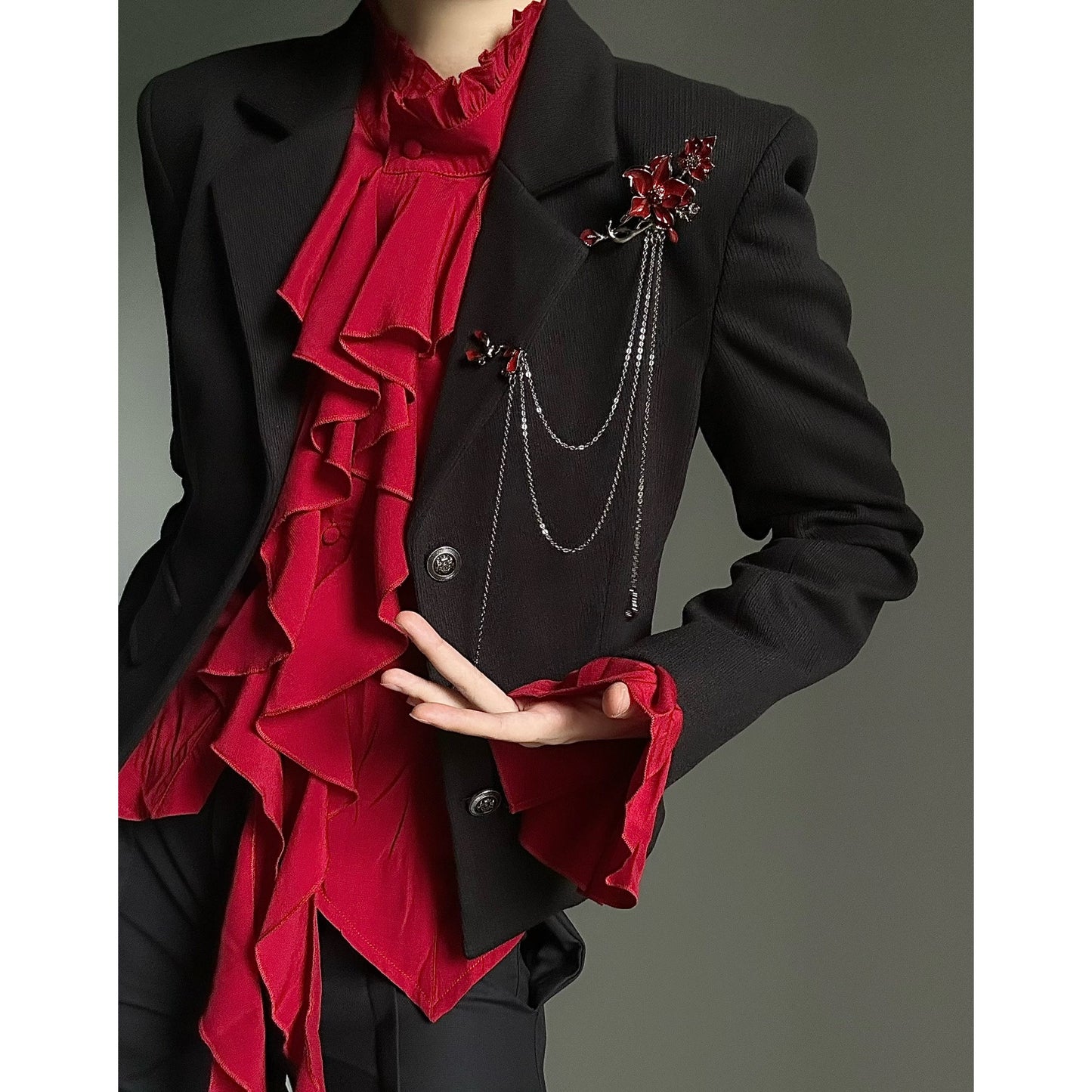Standing-Collar Ruffle Drape Long Sleeve Shirt WN23140