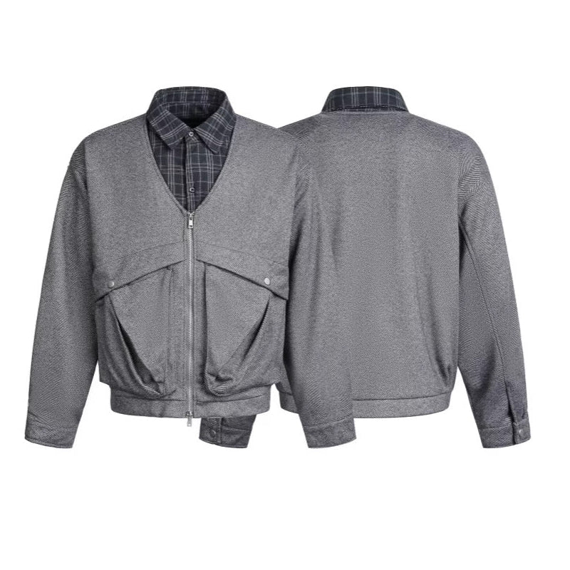 Fake Layered Herringbone Patchwork Plaid Collar Jacket WN27900