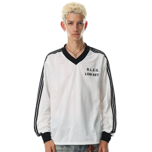 V-Neck Stripe Print Oversize Long Sleeve T-Shirt WN27944
