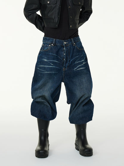 Washed Wave Pattern Wide Leg Baggy Denim Jeans WN16989