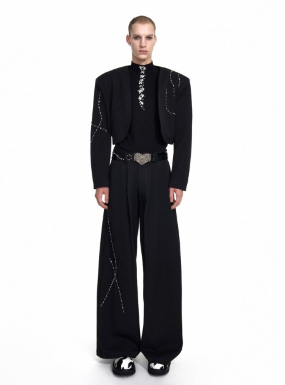 Collarless Shoulder-Pad Rhinestone Tailored Jacket & Rhinestone Trousers Setup WN20924
