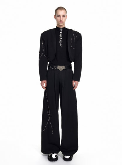 Collarless Shoulder-Pad Rhinestone Tailored Jacket & Rhinestone Trousers Setup WN20924