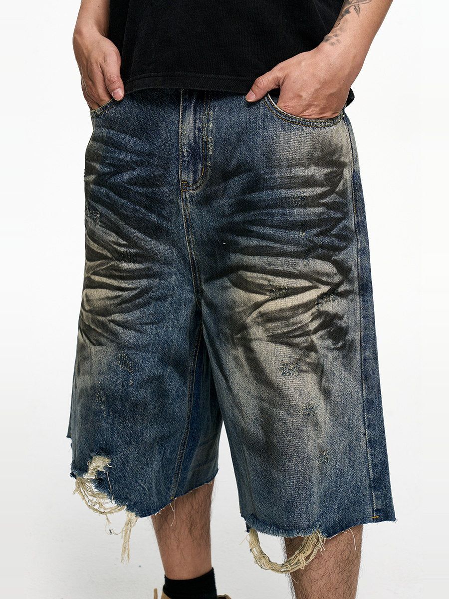 Pleats Washed Damage Wide Leg Denim Short Jeans WN24343