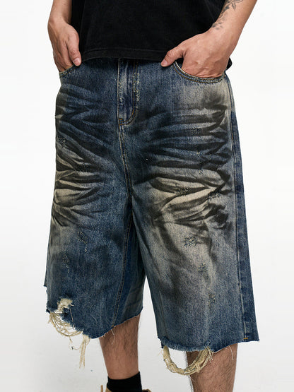 Pleats Washed Damage Wide Leg Denim Short Jeans WN24343