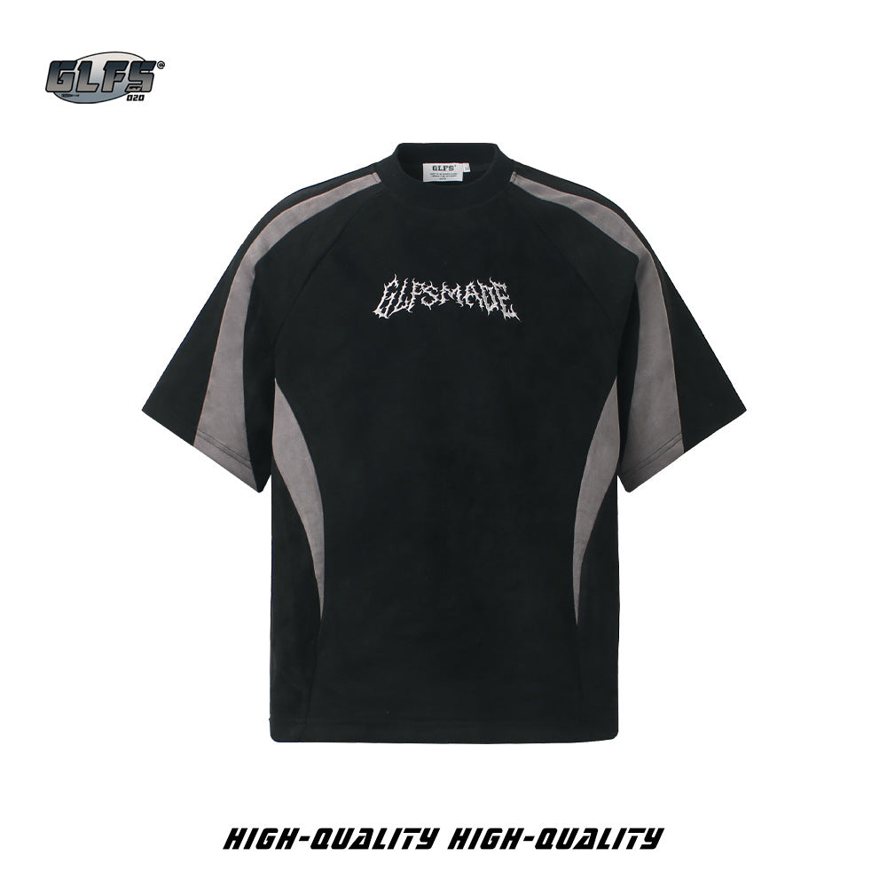 Heavyweight Suede Panel Embroidery Short Sleeve T-Shirt WN26494