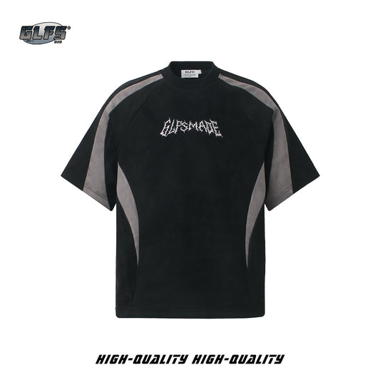Heavyweight Suede Panel Embroidery Short Sleeve T-Shirt WN26494