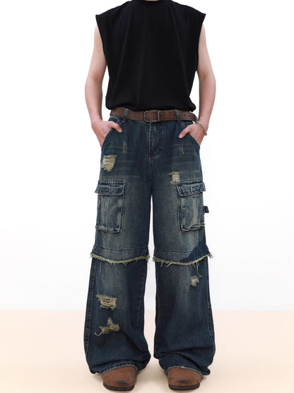 Damage Multi Pocket Straight Leg Denim Jeans WN8332