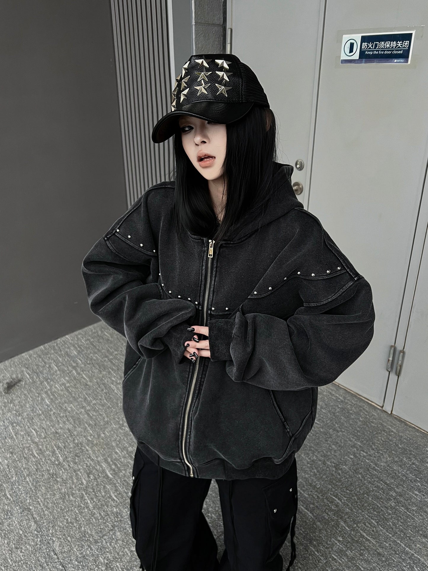 Studs Detail Oversize Zipper Hoodie WN24179