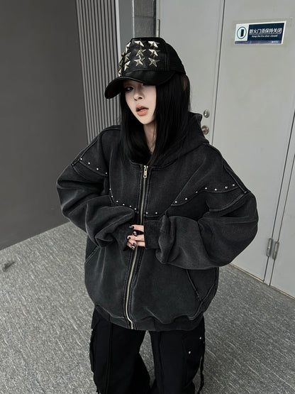 Studs Detail Oversize Zipper Hoodie WN24179