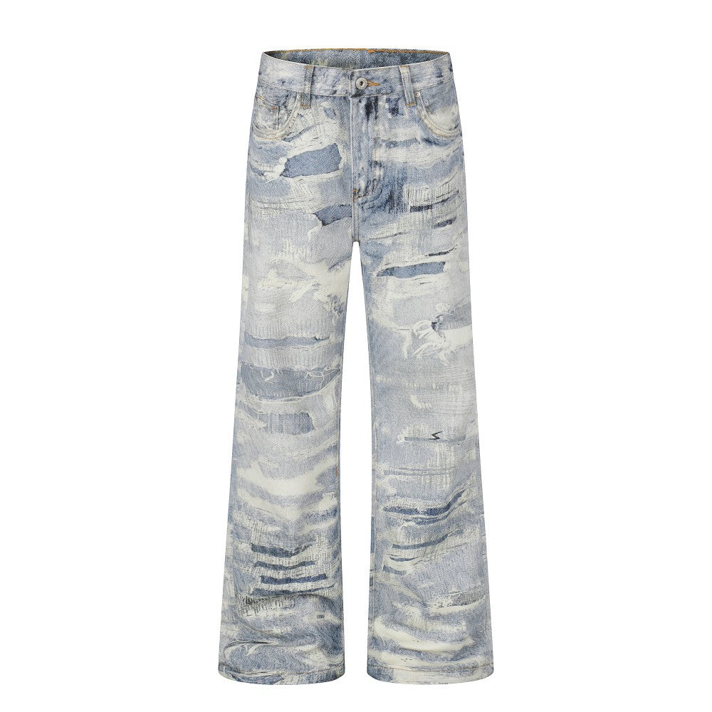 3D Print Damage Washed Wide Leg Denim Jeans WN27953