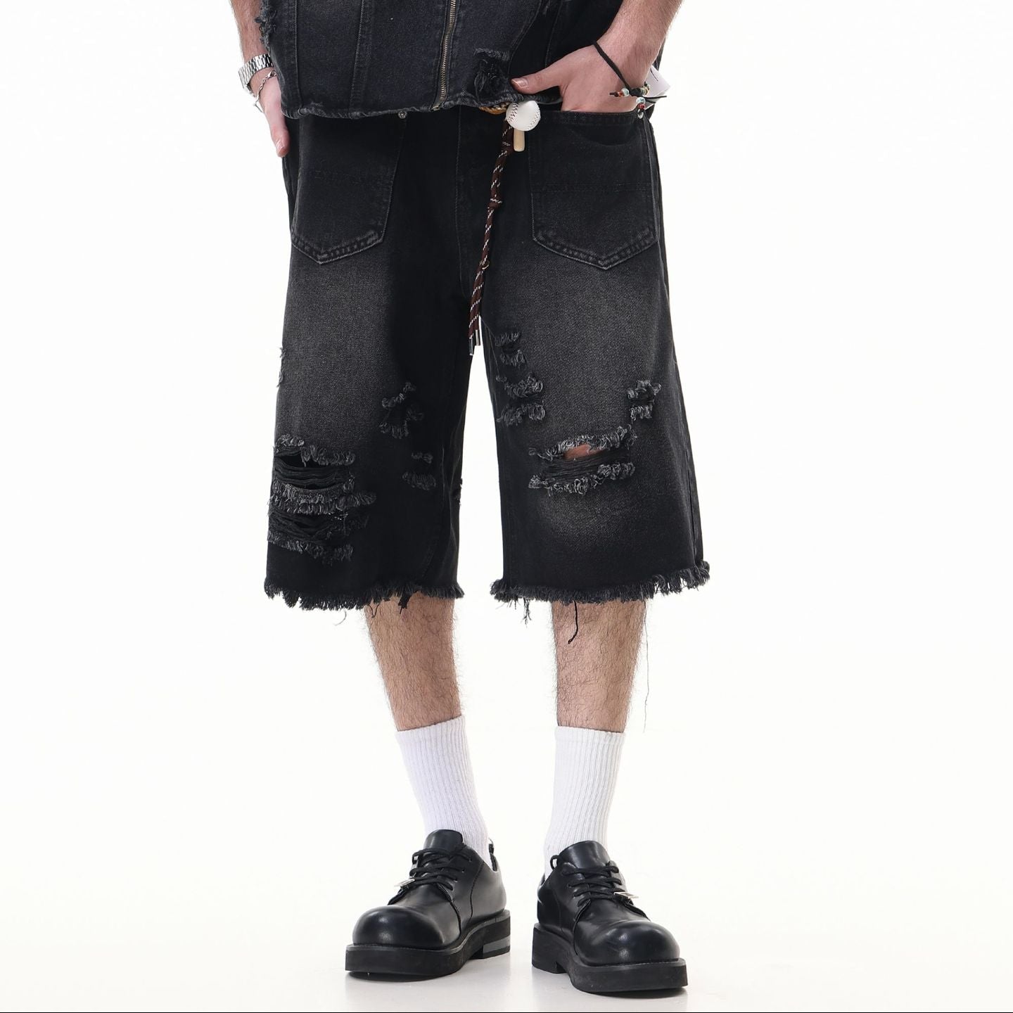 Washed Damage Wide Leg Denim Short Pants WN25596