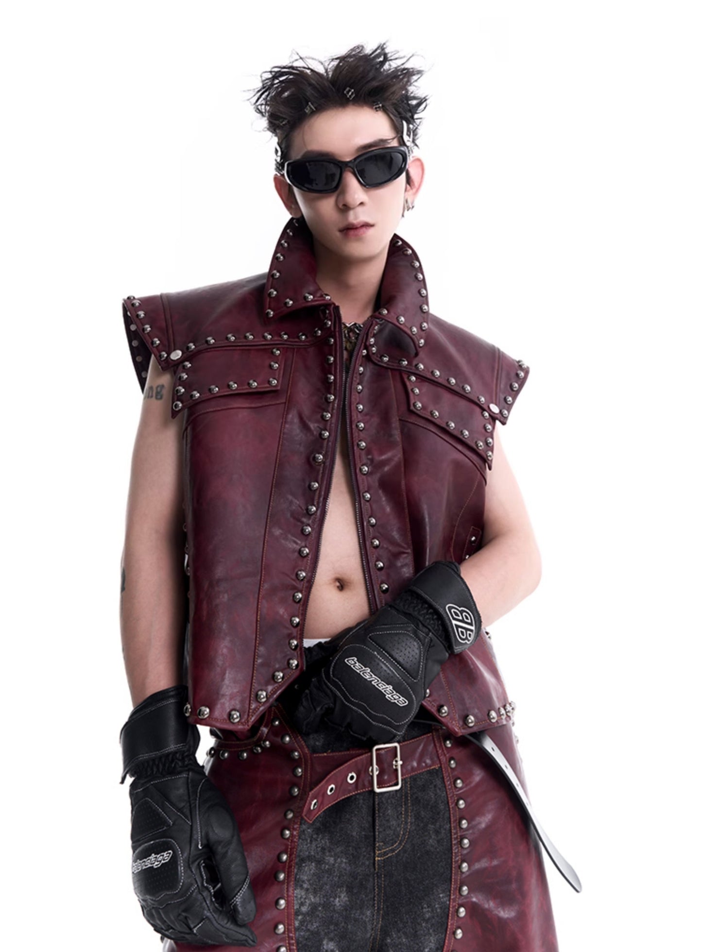 PU Leather Rivet Vest & PU Leather Wide-leg Pants Setup WN8120