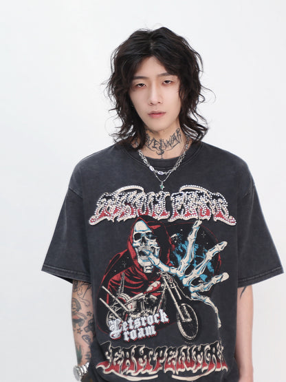 Skull Motorcycle Graphic Print Oversize Short Sleeve T-Shirt WN24496