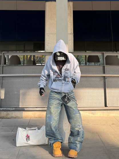 Graffiti Print Damage Zipper Hoodie WN24122
