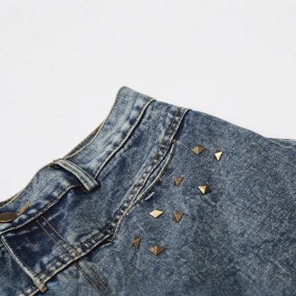Washed Studs Panel Cropped Denim Half Jeans WN25766