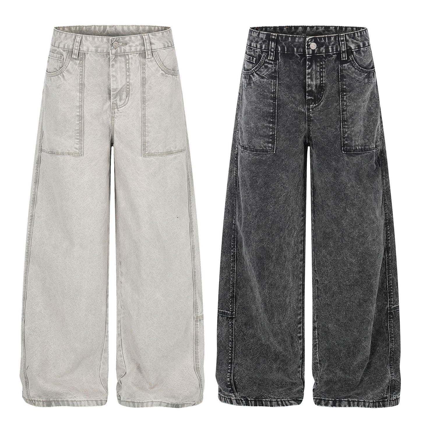 Patch Pocket Washed Wide Leg Denim Jeans WN25947