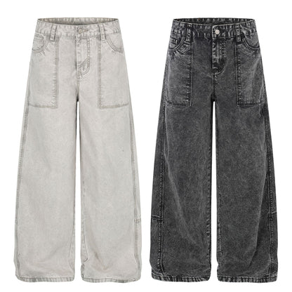 Patch Pocket Washed Wide Leg Denim Jeans WN25947