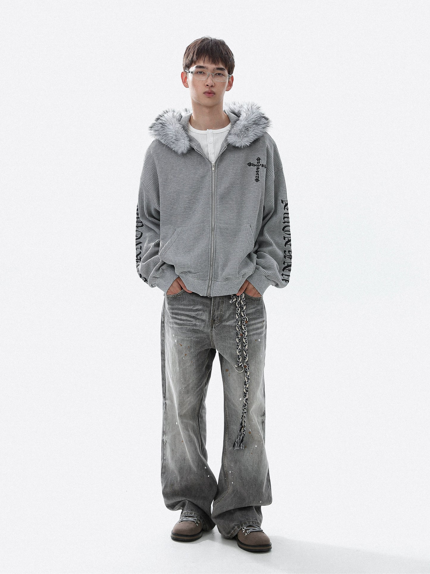 Embroidery Fake Fur-Collar Thick Zipper Hoodie WN22104