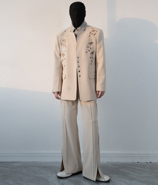 Floral Embroidery Tailored Jacket & Side Slits Wide-Leg Trousers Setup WN23635