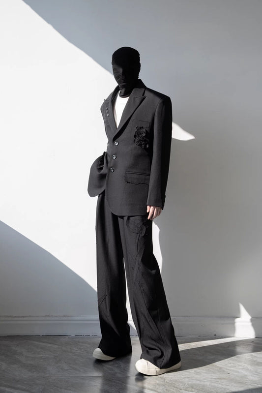 3D Flower Design Oversize Tailored Jacket & Wide Leg Trousers Setup WN23839