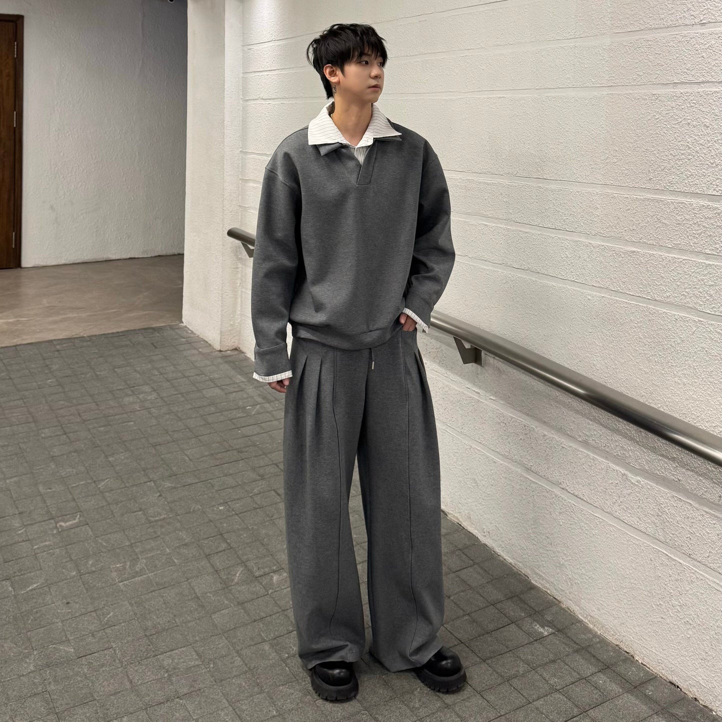 Fake Layered Striped-Collar Oversize Long Sleeve T-Shirt & Draped Wide Leg Pants Setup WN25224