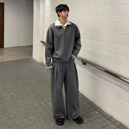 Fake Layered Striped-Collar Oversize Long Sleeve T-Shirt & Draped Wide Leg Pants Setup WN25224