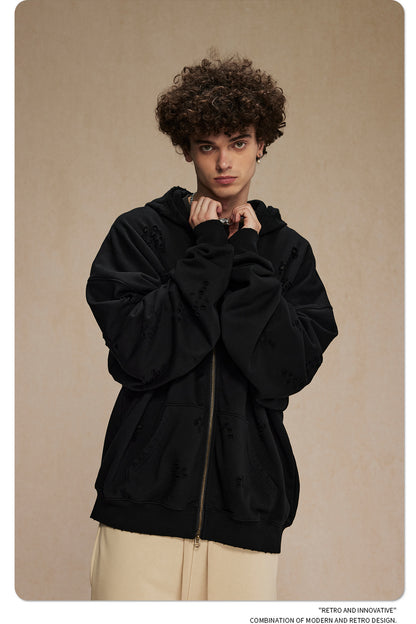 Oversize Damage Double Zipper Hoodie WN9975