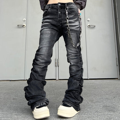 Washed Wrinkle Stacked Straight Denim Jeans WN24161
