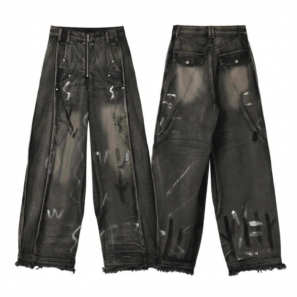 Patchwork Graffiti Wide Leg Denim Jeans WN27832