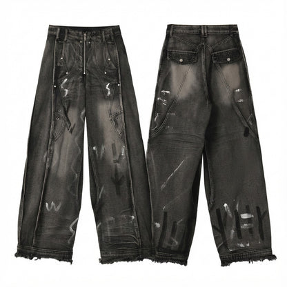 Patchwork Graffiti Wide Leg Denim Jeans WN27832