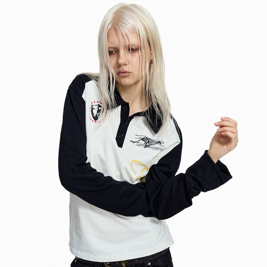 Embroidery Print Cropped Long Sleeve Polo Shirt WN27454