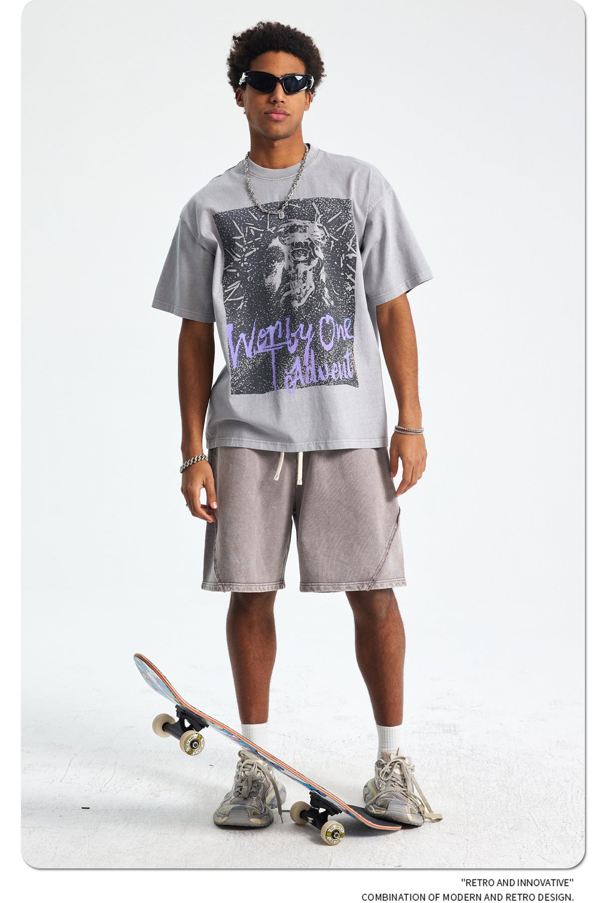 Washed Portrait Print Oversize Short Sleeve T-Shirt WN16258