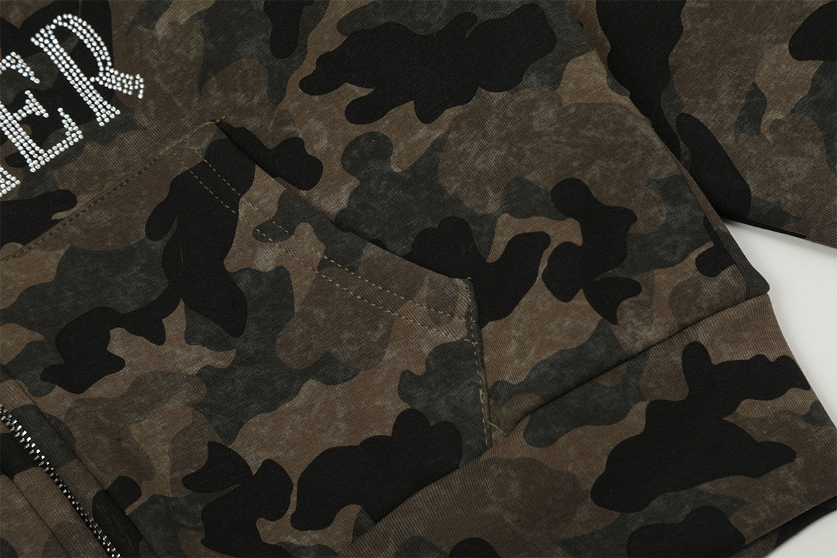 Camouflage Rhinestone Fur Collar Sherpa-Lining Zipper Hoodie WN11368