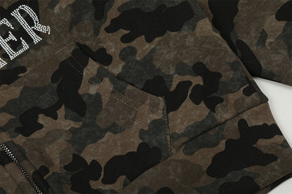 Camouflage Rhinestone Fur Collar Sherpa-Lining Zipper Hoodie WN11368