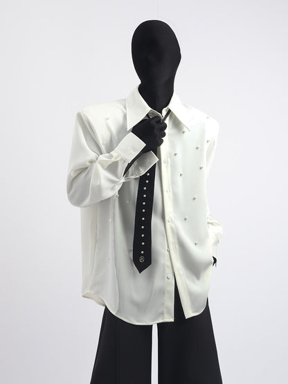 Stud Bead Tie-Neck Oversize Long Sleeve Shirt WN23659