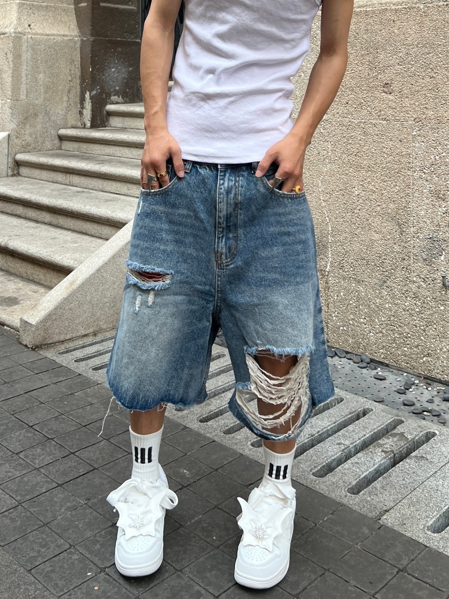 Damage Ripped Wide Leg Denim Half Jeans WN24069