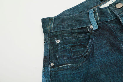 Washed Irregular Print Wide Leg Curved Denim Jeans WN25883