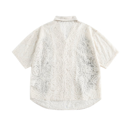 Graffiti Lace Cutout Short Sleeve Shirt WN16181