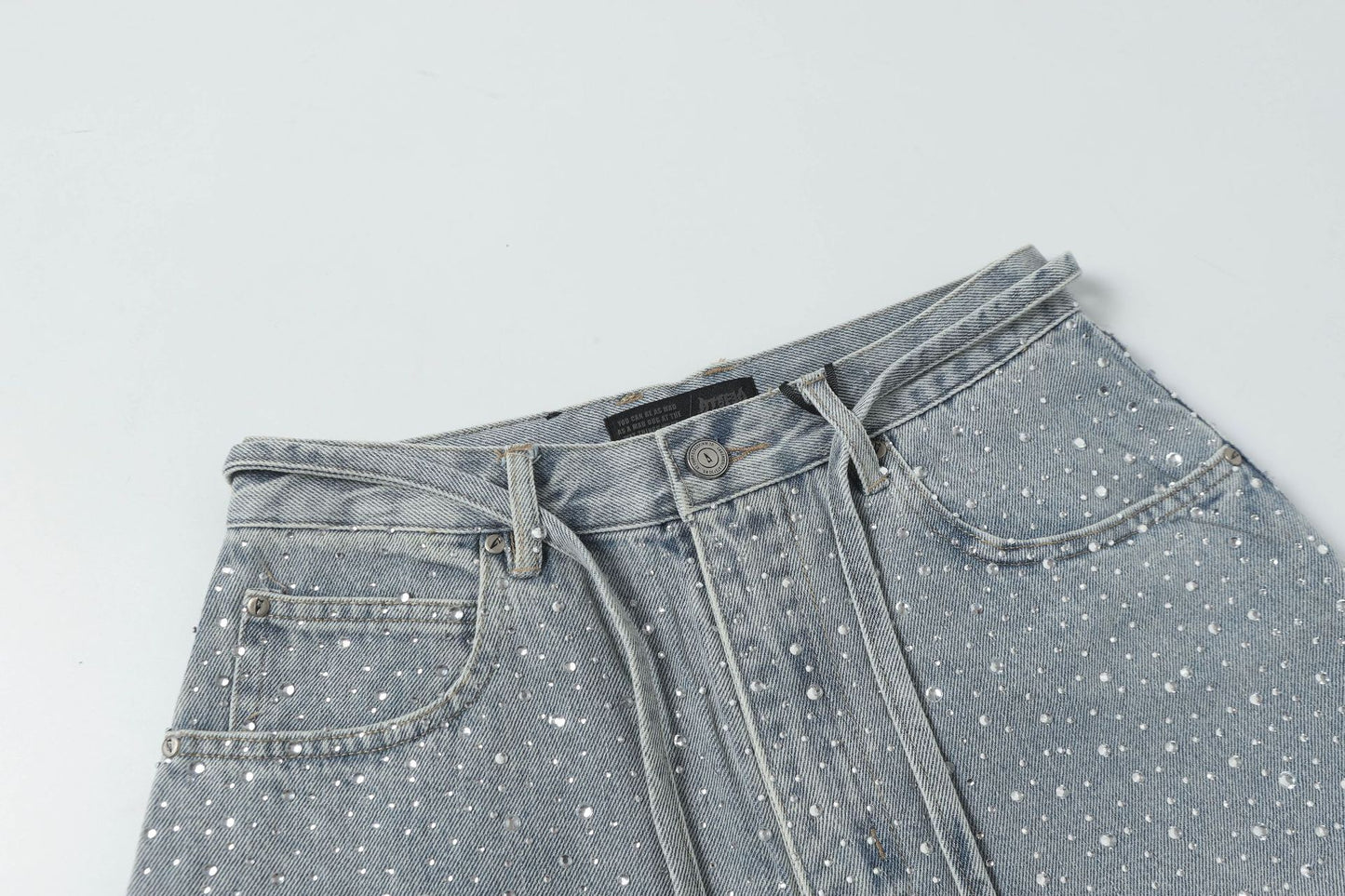 Fringe Rhinestone Wide Leg Half Denim Pants WN25612