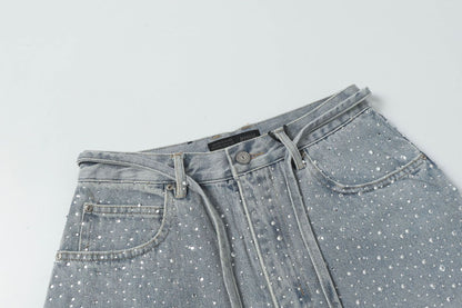 Fringe Rhinestone Wide Leg Half Denim Pants WN25612