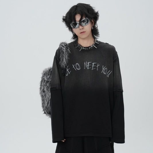 Washed Fake Layered Letter Graphic Short Sleeve T-Shirt WN28014