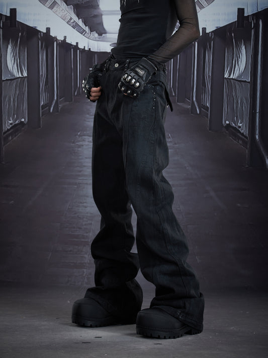 Coated Metal Stud Washed Damage Flare Denim Jeans WN22897