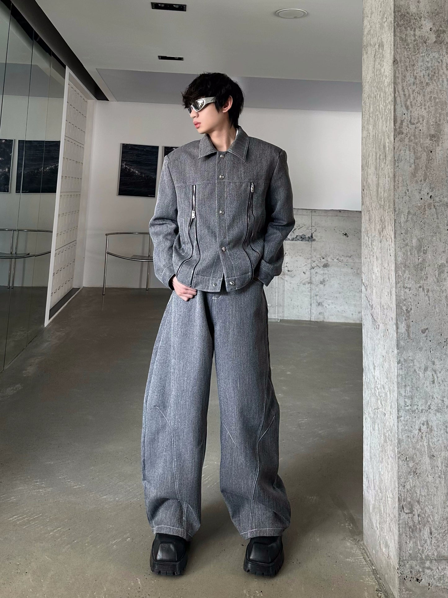 Zipper Design Jacket & Curved Wide Leg Pants Setup WN16769