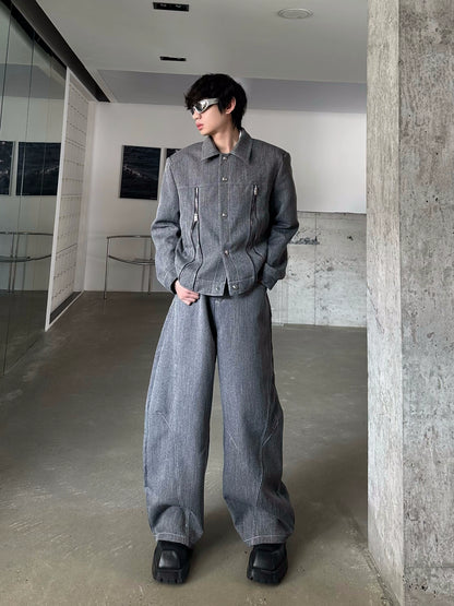 Zipper Design Jacket & Curved Wide Leg Pants Setup WN16769