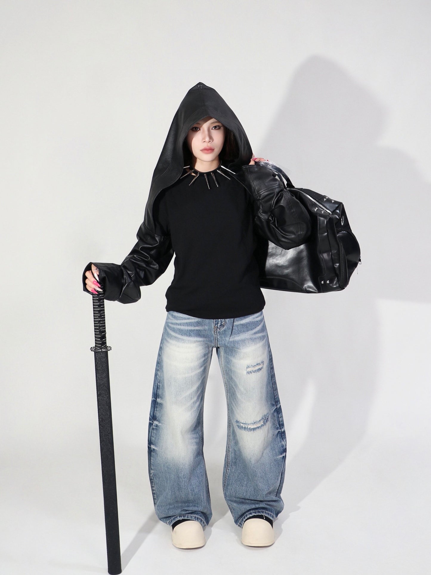 Whisker Washed Gradient Curved Wide Leg Denim Jeans WN24109