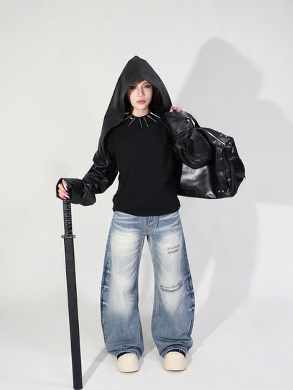 Whisker Washed Gradient Curved Wide Leg Denim Jeans WN24109