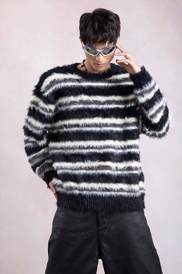 Contrasting Color Stripe Round Neck Knit Sweater WN9312